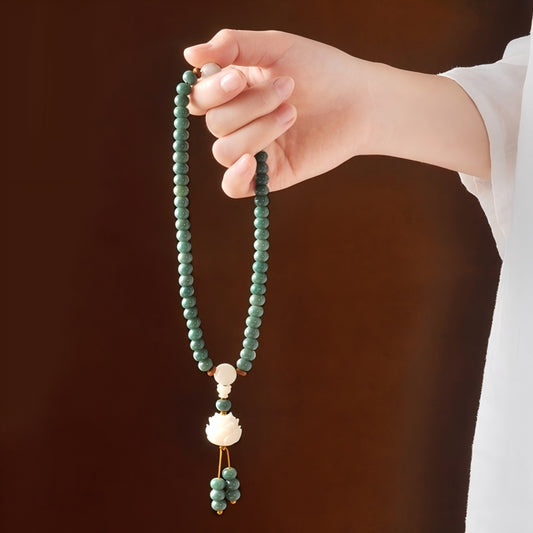 Natural Green Bodhi Beads with Lotus Carving