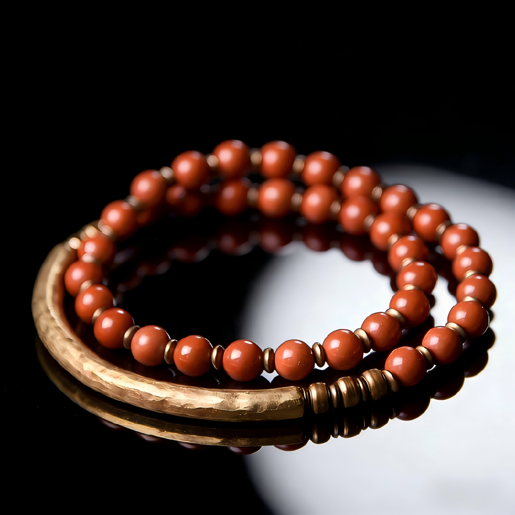 Natural Red Jasper beads with hammered brass tube