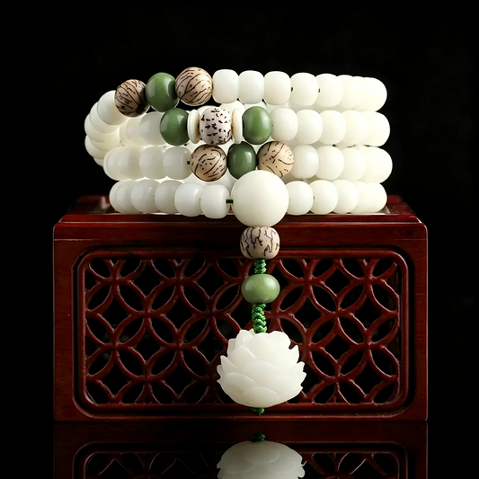 White Bodhi Lotus Mala – 108 Beads for Peace, Purity & Good Luck