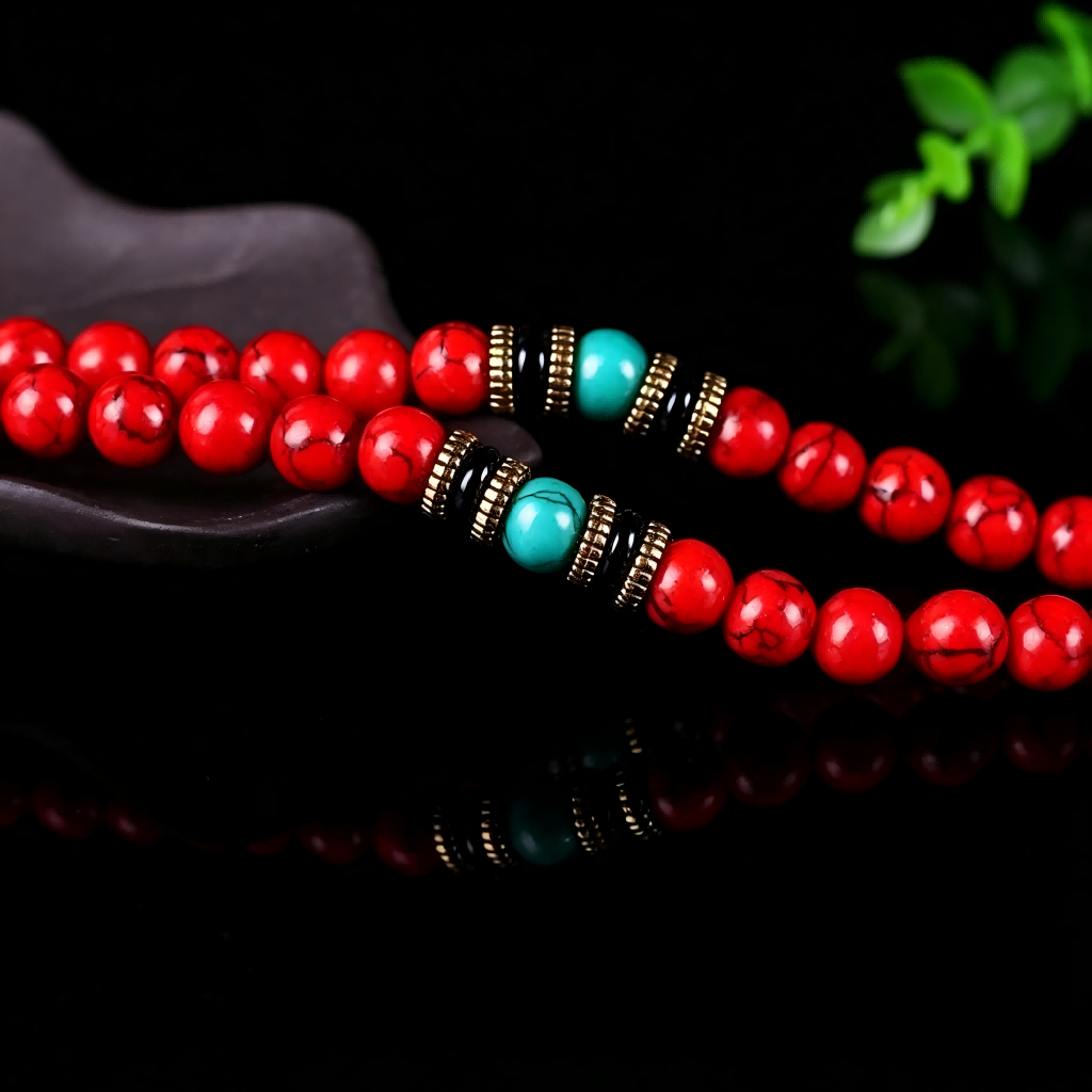 Tibetan Courage Mala Beads Red Turquoise Necklace