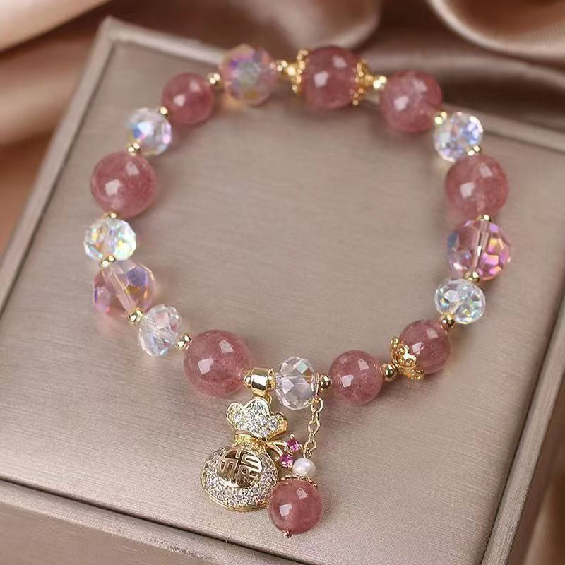 Strawberry Quartz Money Bag Bracelet Love Magnet & Wealth Shield