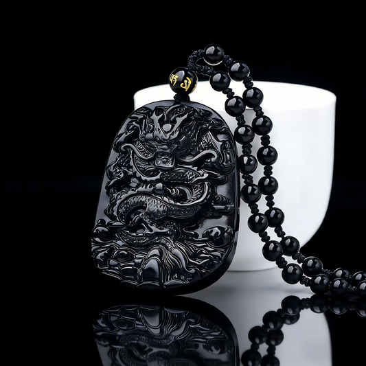 Obsidian Dragon Pendant with Bead Chain