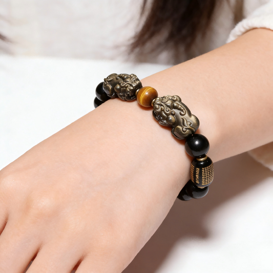 Feng Shui Gold Obsidian Double Pixiu Tiger Eye Bracelet Wealth Protection High Vibration