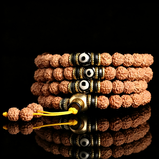 108 Rudraksha mala with Dzi agate beads and brass spacers