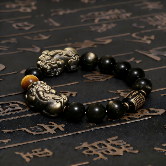 Gold Obsidian Double Pixiu Tiger Eye Bracelet Wealth Protection High Vibration