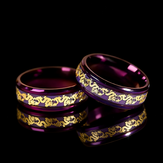 Nine Purple Fire Dragon Phoenix couple basic promise rings on dark background