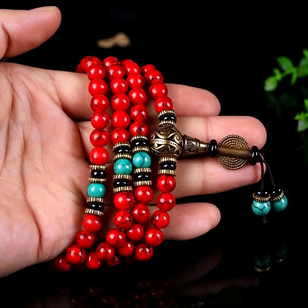 Red Turquoise Beads with Brass Accents & Onyx