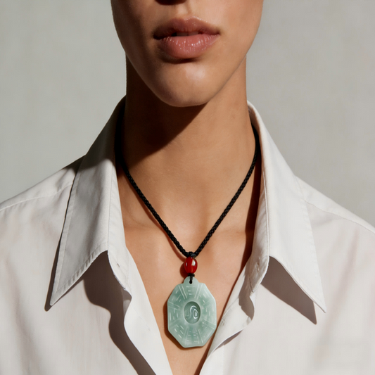 Feng Shui Jade Bagua Pendant — Natural Jadeite, Heart Chakra Healer, Protection Amulet